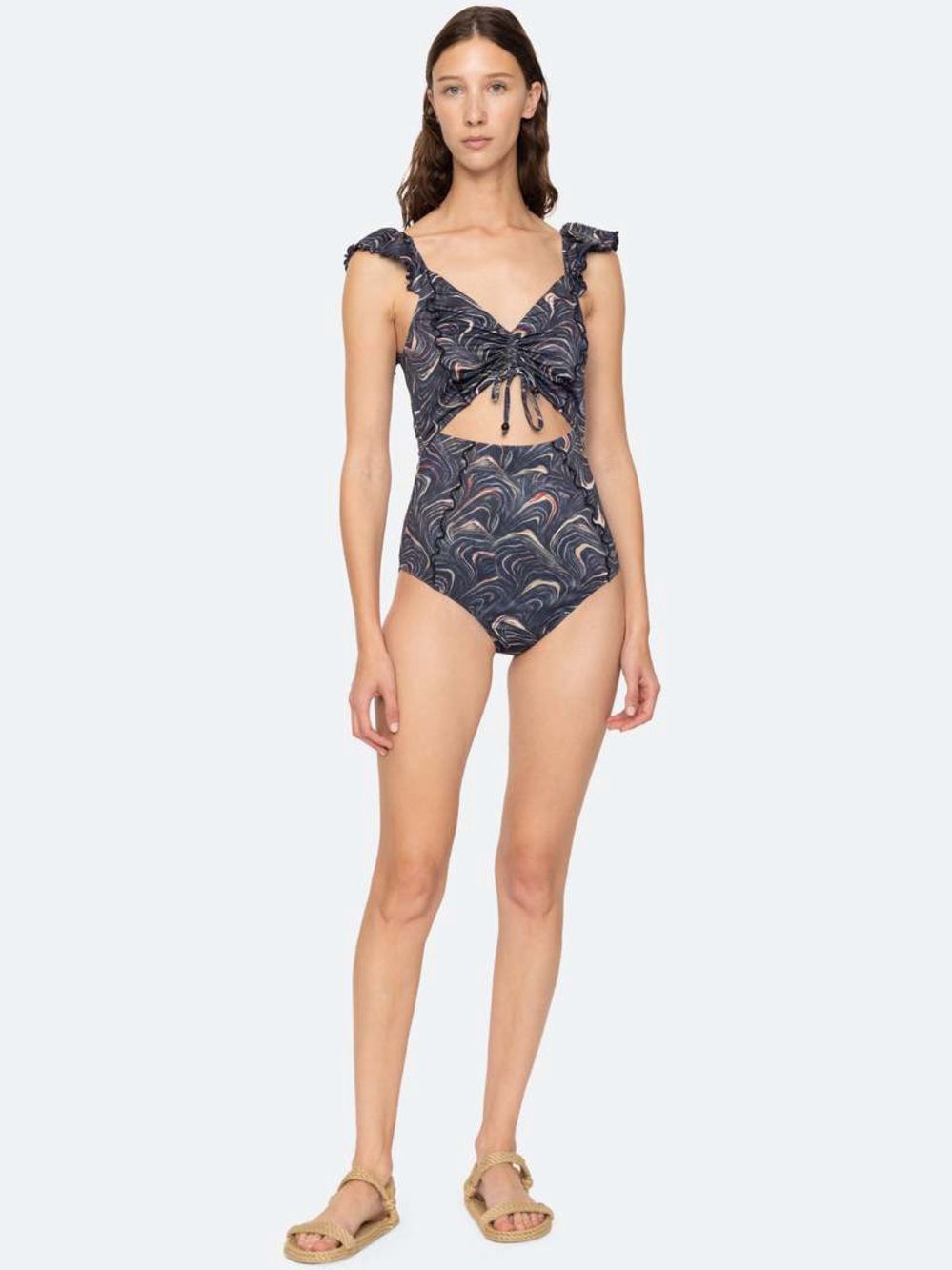 Sea New York Navy Swirl Ruffle Tie-Front One-Piece
